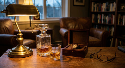A crystal whiskey decanter, a full glass of whiskey, an open wooden keepsake box with a pocket watch, and reading glasses beside a warm desk lamp, gifts for an 80-year-old man.