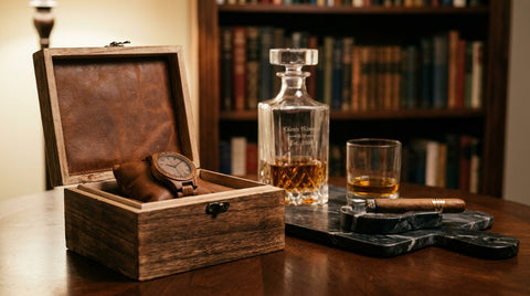 A 61st birthday gift scene with an open wooden keepsake box holding a wood watch, an engraved whiskey decanter and glass, and a cigar on a marble charcuterie board, personalized gifts for a 61-year-old man.