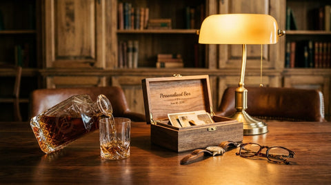 An engraved whiskey decanter being poured beside an open personalized wooden keepsake box and reading glasses on a walnut desk in a warm study, gifts for an 80-year-old man.
