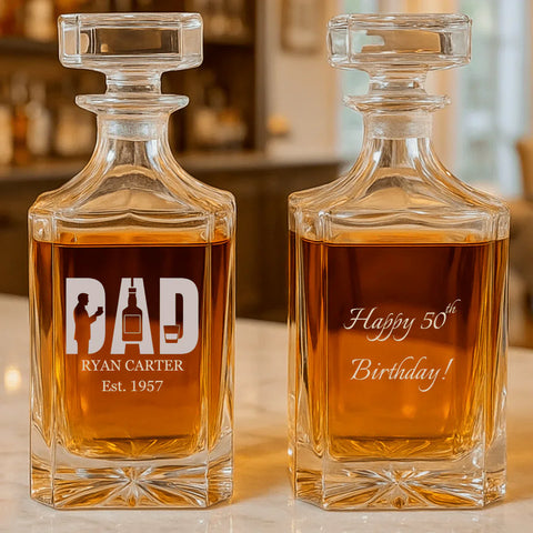 Personalized engraved decanter set from Groovy Guy Gifts, a thoughtful Christmas gift idea for your boyfriend’s dad, shown with custom name engraving on heavyweight glass