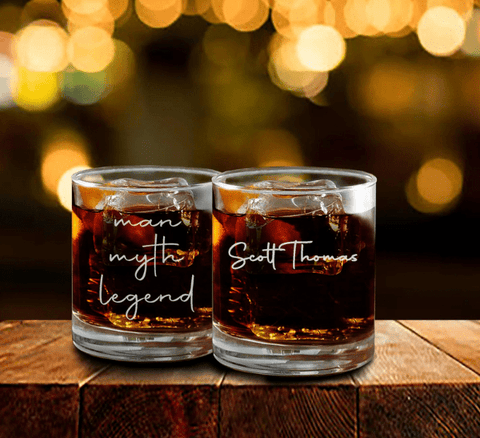 Personalized gifts for men under $20 from Groovy Guy Gifts, including an engraved whiskey glass, a leather bottle opener and a custom divot tool, all with free engraving
