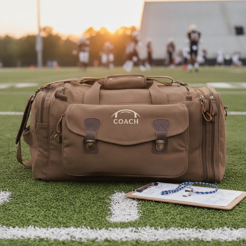 Personalized football duffle bag embroidered with a coach name, resting on the sideline at golden hour beside a football and helmet.