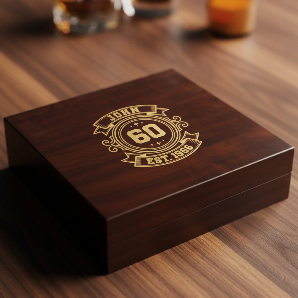 Personalized 60th birthday keepsake box engraved with a name, one of 25 thoughtful 60th birthday gifts for men