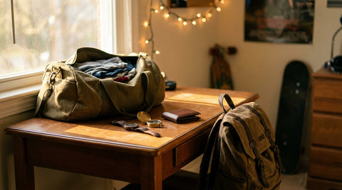 A teen boy bedroom desk scene with a packed canvas duffel bag, a wood-engraved watch, a compass, a leather wallet and a canvas backpack, personalized gifts for teen boys.