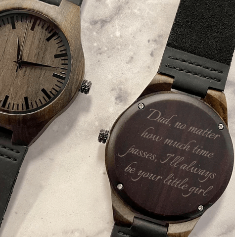 Engraved wooden watch with a message from his daughter on the back reading I'll always be your little girl, a personalized Christmas gift for dad.