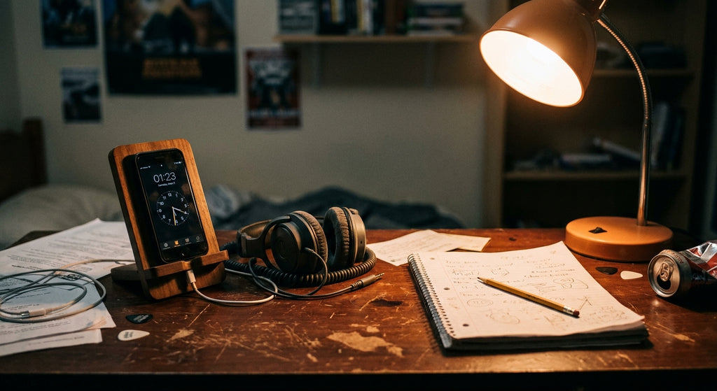 A teenage boy's bedroom desk at night with a wooden phone docking station holding a phone, over-ear headphones and an open notebook lit by a warm desk lamp