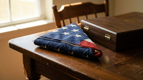 A folded triangular United States flag resting on a wooden table beside a closed wooden presentation case before a military retirement ceremony