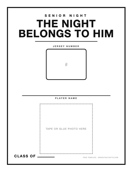 Free printable senior night poster template with a bold name and jersey number layout, from the Groovy Guy Gifts senior night guides