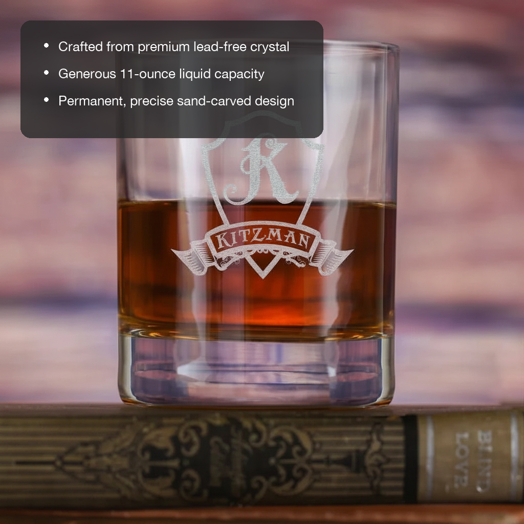 Banner Crest Personalized Whiskey Glass features showing premium lead-free crystal, 11 oz capacity, and permanent sand-carved design