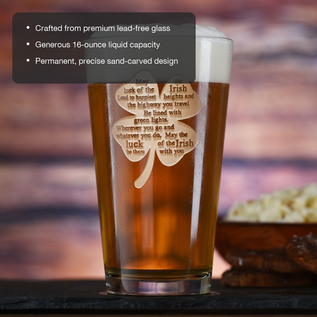 Shamrock Pub Personalized Pint Glass features showing premium lead-free glass, 16 oz capacity, and permanent sand-carved design