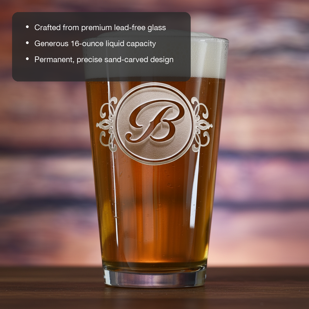 Royal Monogram Personalized Pint Glass features showing premium lead-free glass, 16 oz capacity, and permanent sand-carved design