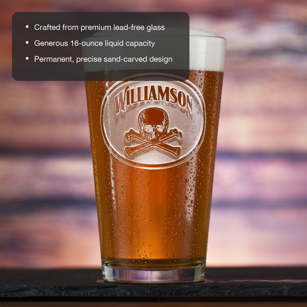 Crossbones Personalized Pint Glass features showing premium lead-free glass, 16 oz capacity, and permanent sand-carved design