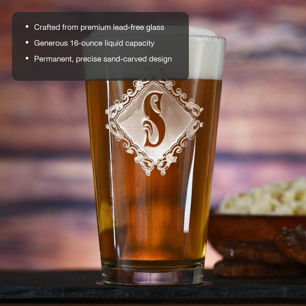 Diamond Crest Personalized Pint Glass features showing premium lead-free glass, 16 oz capacity, and permanent sand-carved design