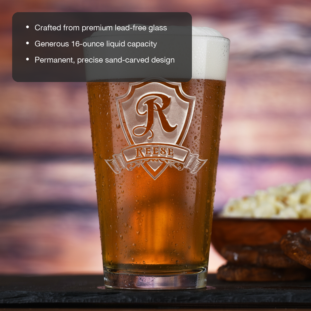 Royal Shield Personalized Pint Glass features showing premium lead-free glass, 16 oz capacity, and permanent sand-carved design