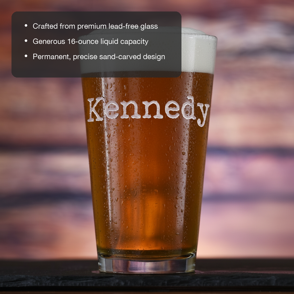 Typewriter Personalized Name Pint Glass features showing premium lead-free glass, 16 oz capacity, and permanent sand-carved design