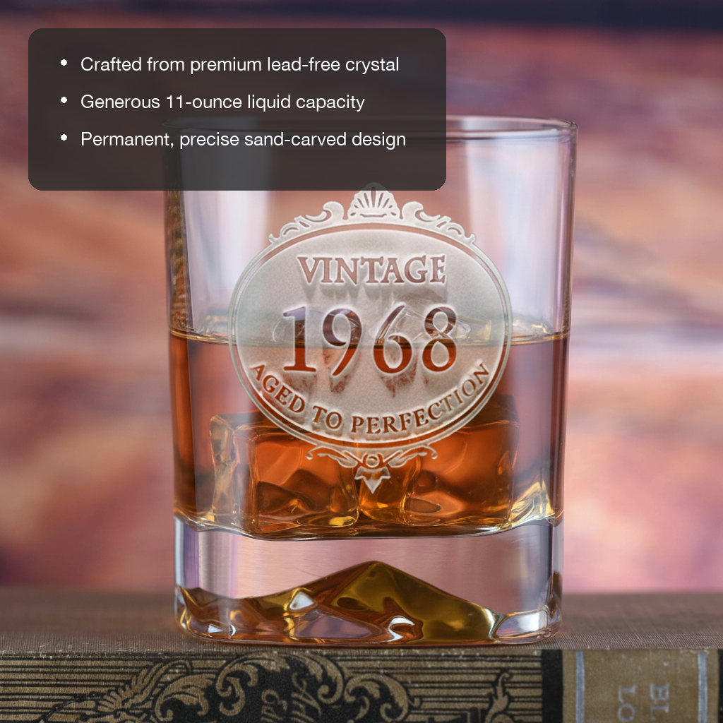 Vintage Year Whiskey Glass features showing premium lead-free crystal, 11 oz capacity, and permanent sand-carved design