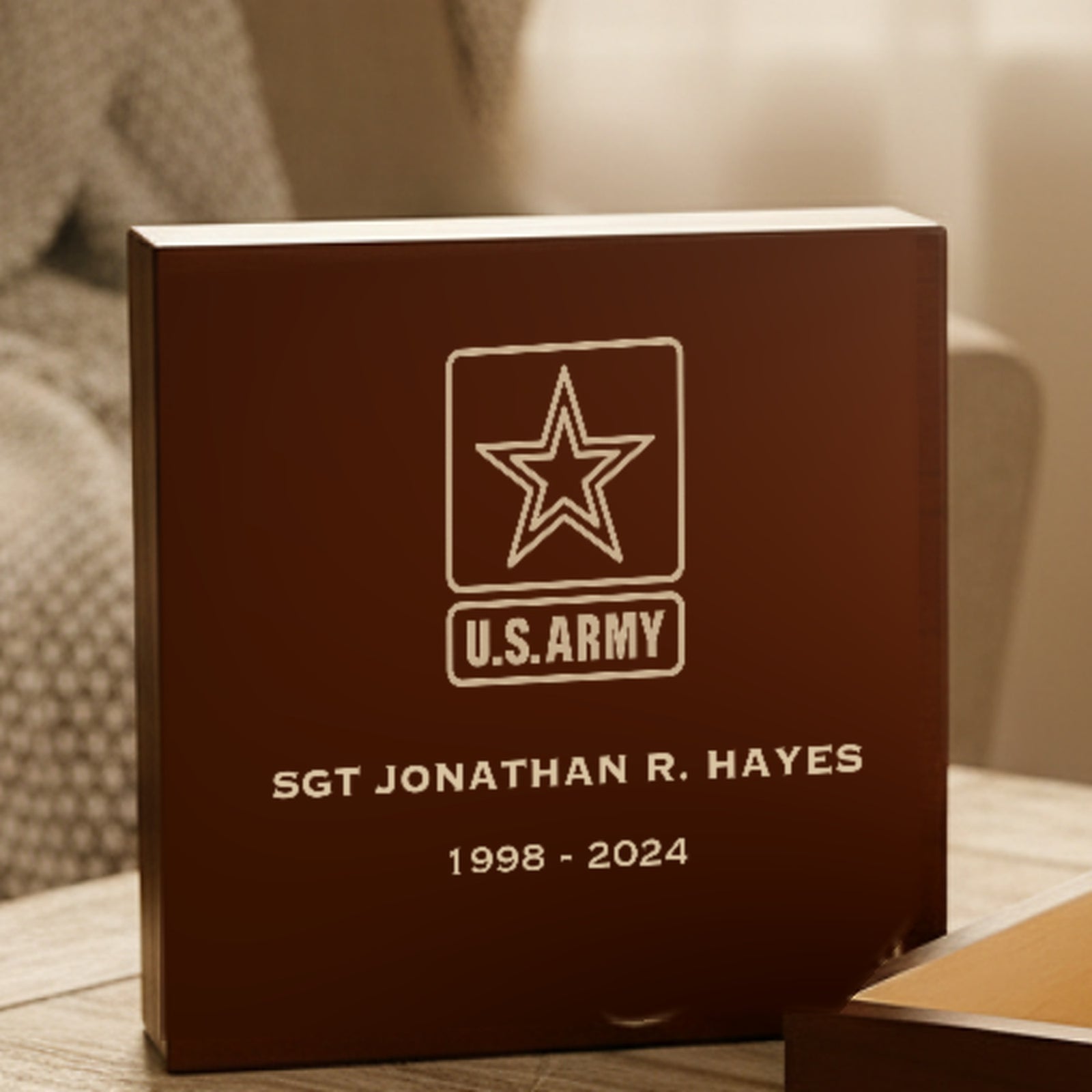 Personalized military gift set with the U.S. Army crest, rank, name and years of service engraved on a cherry keepsake box lid.