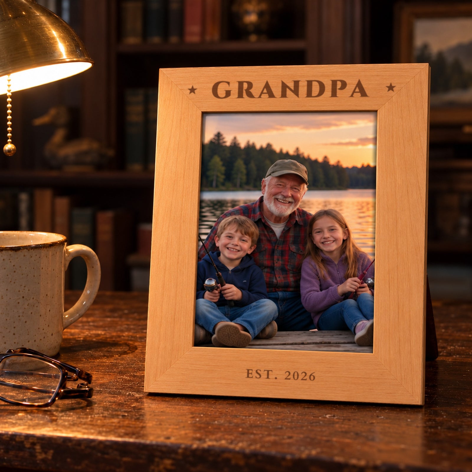 Grandpa personalized picture frame in red alder engraved GRANDPA with stars and EST. 2026, holding a fishing photo of grandpa and grandkids on a den table
