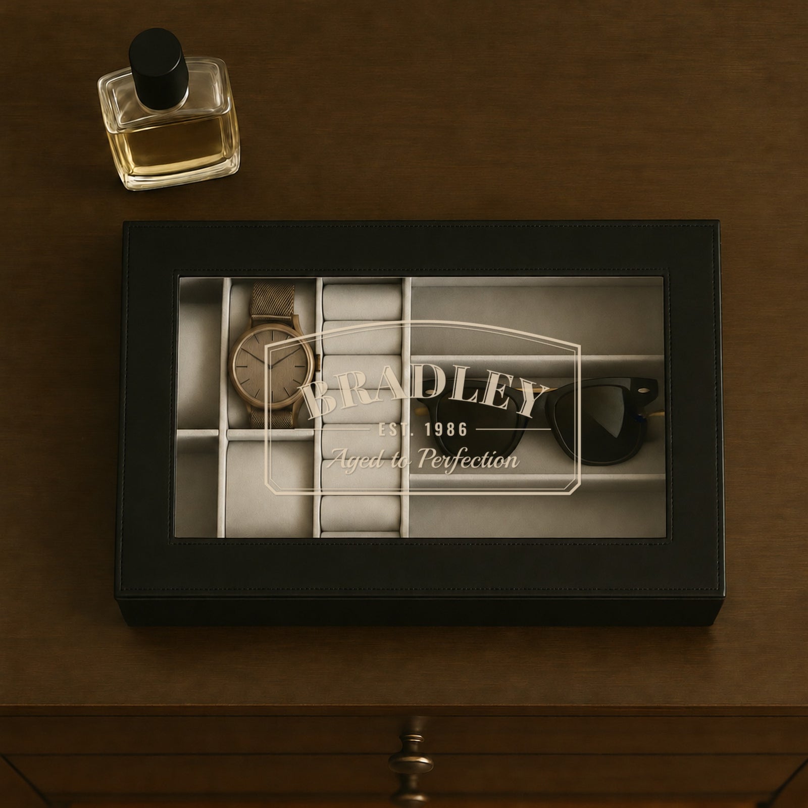 Milestone 40th birthday watch box with BRADLEY, EST. 1986 and Aged to Perfection etched on the glass window, a 40th birthday gift for him