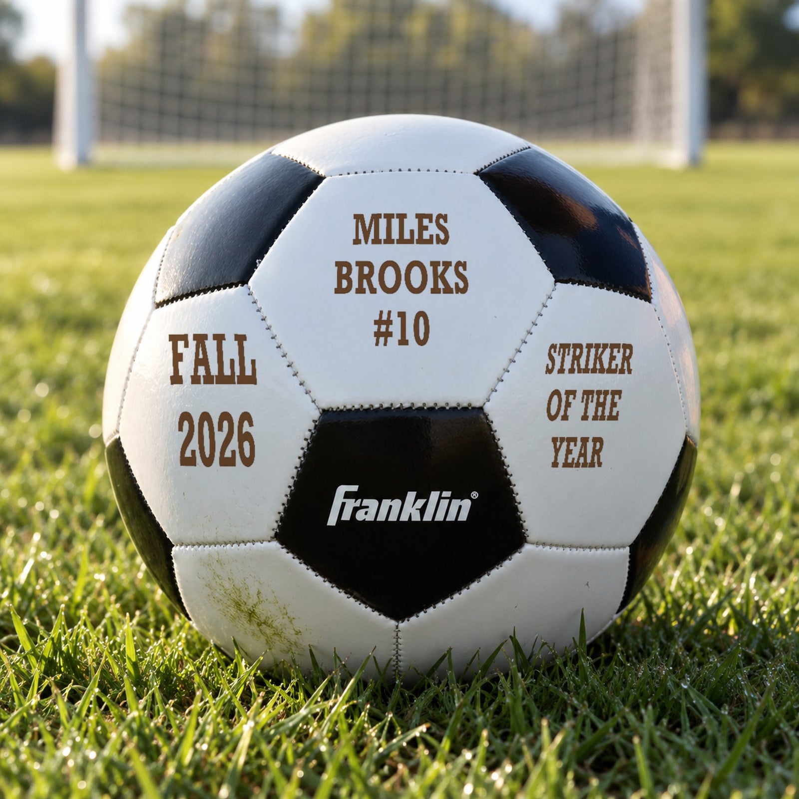 Personalized soccer ball engraved with a player's name and #10, Fall 2026 and Striker of the Year, resting in the grass in front of a goal