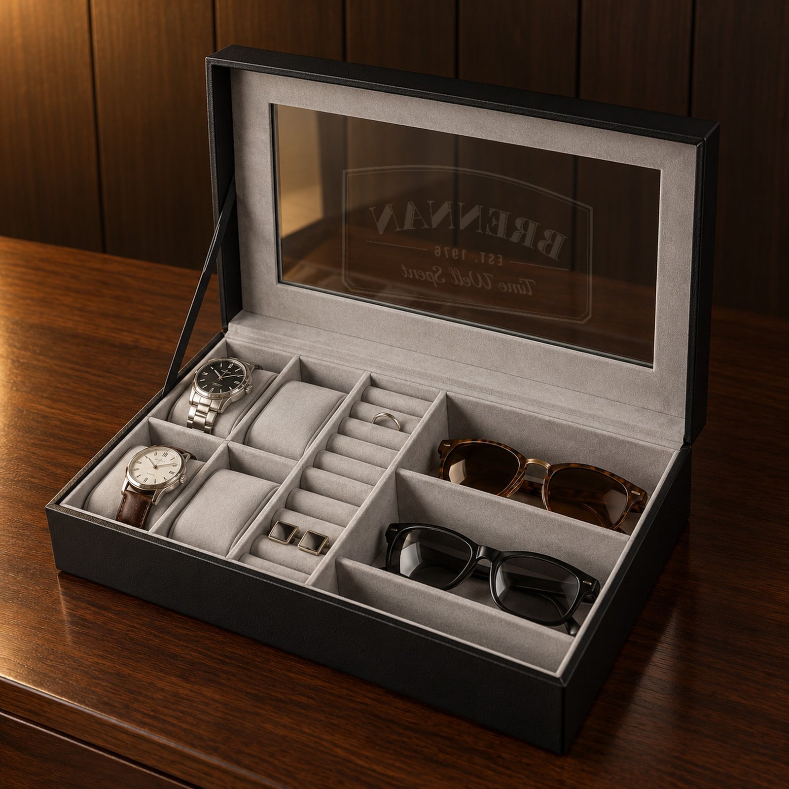 Open personalized watch box showing four watch pillows, ring and cufflink rows and a sunglasses section, a 50th birthday gift for men