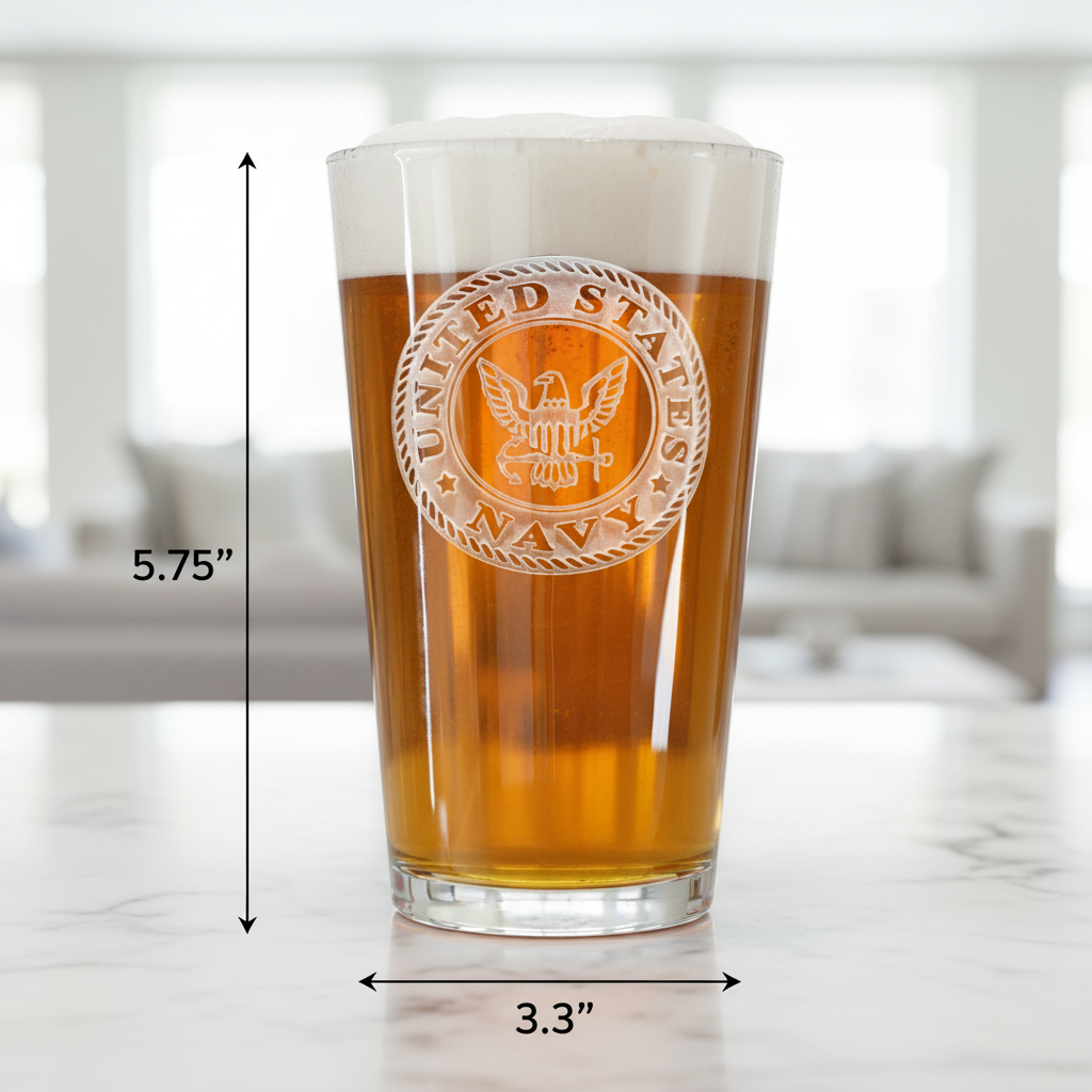 Anchors Aweigh Personalized Pint Glass dimensions infographic showing 5.75 inches tall by 3.3 inches wide with 16 oz capacity