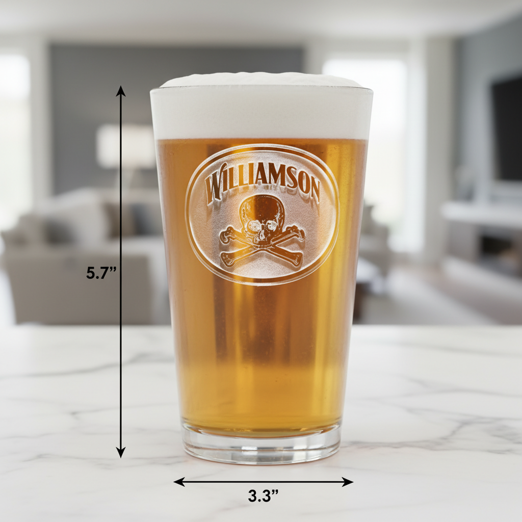 Crossbones Personalized Pint Glass dimensions infographic showing 5.75 inches tall by 3.3 inches wide with 16 oz capacity