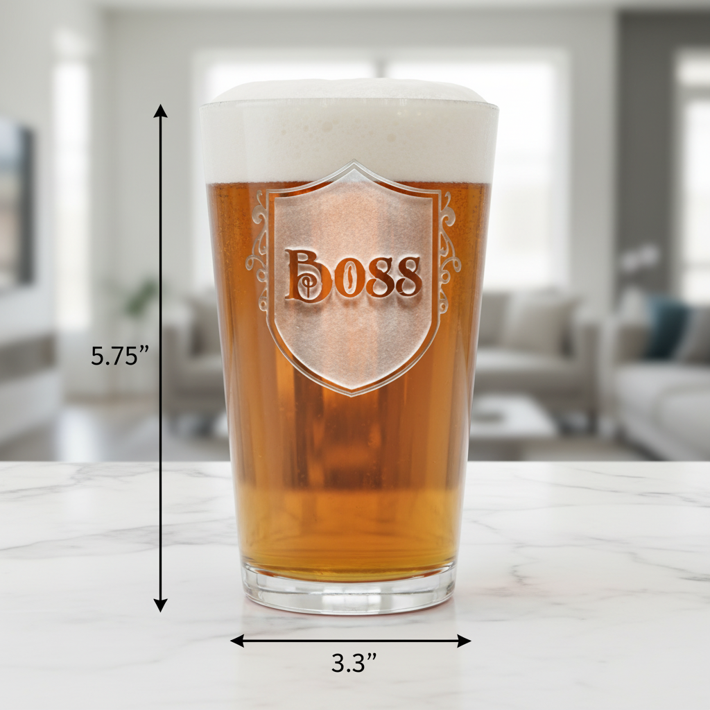 Big Boss Personalized Pint Glass dimensions infographic showing 5.75 inches tall by 3.3 inches wide with 16 oz capacity