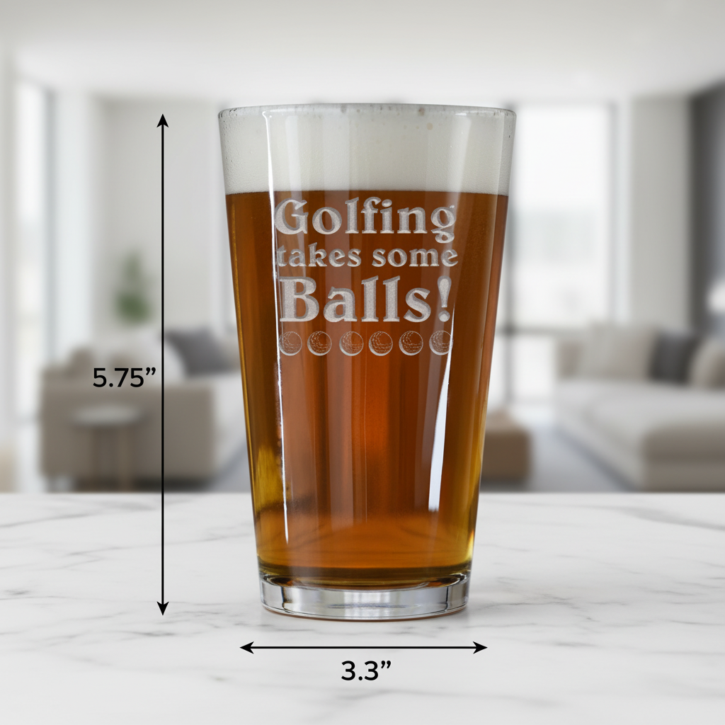 Takes Some Balls Personalized Pint Glass dimensions infographic showing 5.75 inches tall by 3.3 inches wide with 16 oz capacity