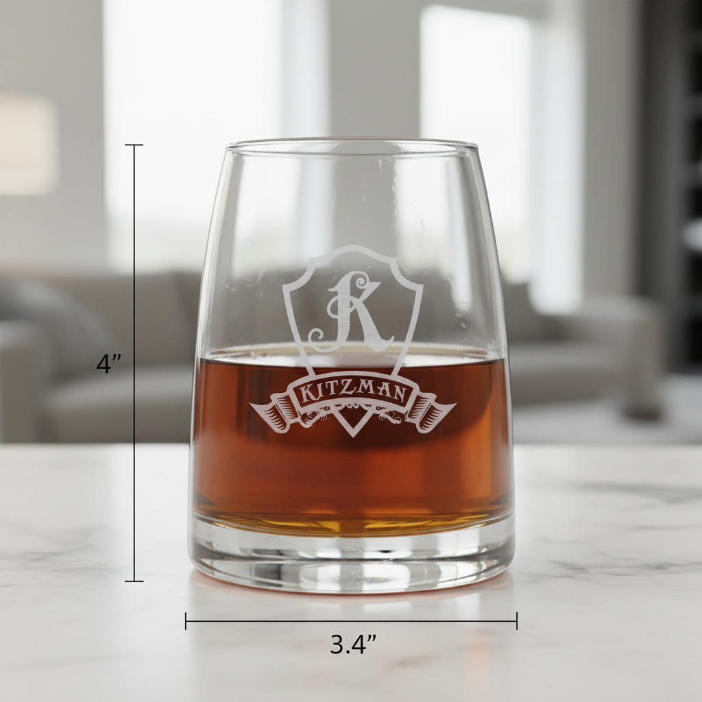 Crystal Shield Personalized Rocks Glass dimensions infographic showing 4 inches tall by 3.4 inches wide with 11 oz capacity