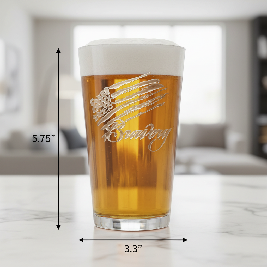 Bravery Flag Pint Glass dimensions infographic showing 5.75 inches tall by 3.3 inches wide with 16 oz capacity
