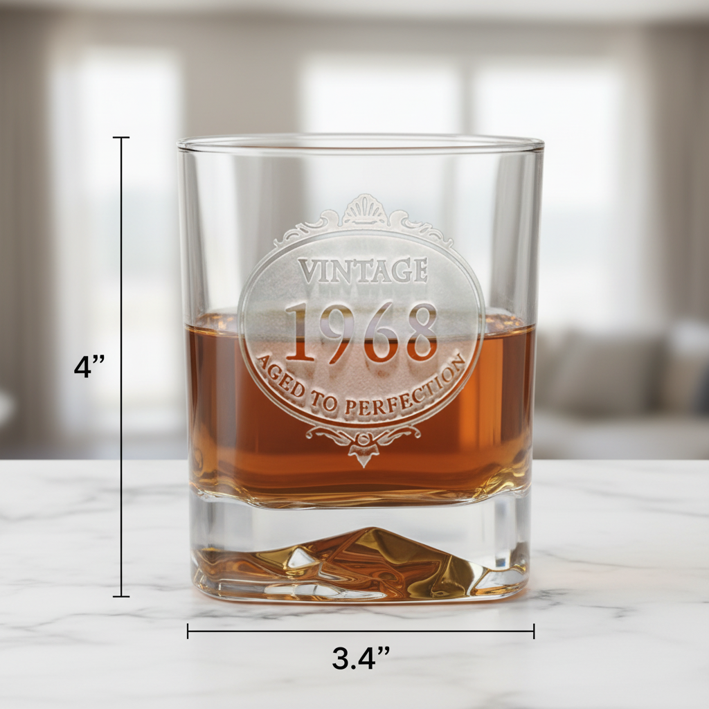 Vintage Year Whiskey Glass dimensions infographic showing 4 inches tall by 3.4 inches wide with 11 oz capacity