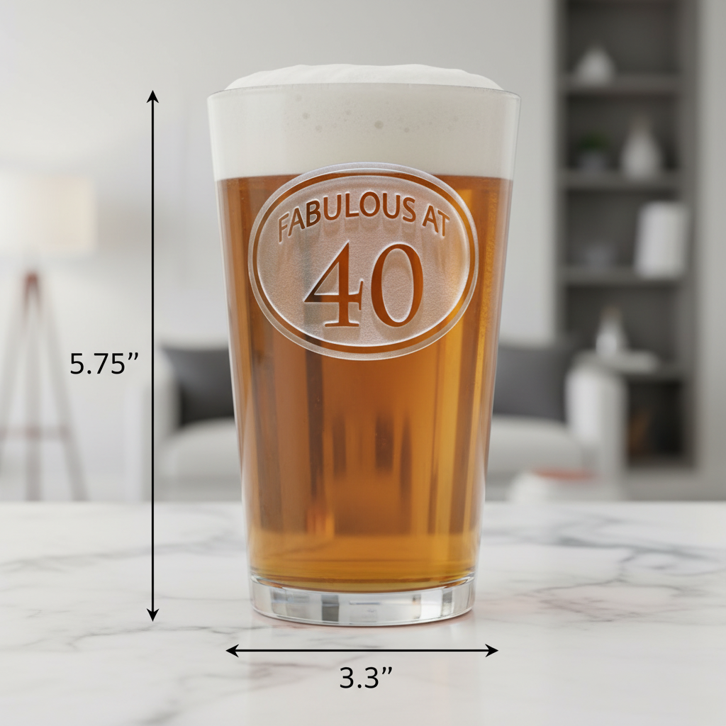 Fabulous At Personalized Birthday Pint Glass dimensions infographic showing 5.75 inches tall by 3.3 inches wide with 16 oz capacity