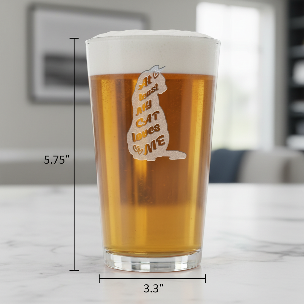 Cat Loves Me Personalized Pint Glass dimensions infographic showing 5.75 inches tall by 3.3 inches wide with 16 oz capacity