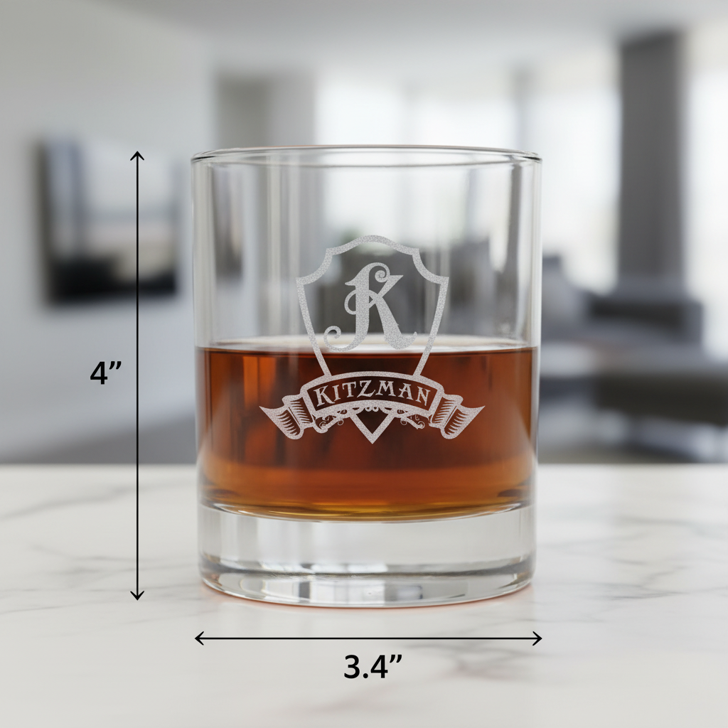 Banner Crest Personalized Whiskey Glass dimensions infographic showing 4 inches tall by 3.4 inches wide with 11 oz capacity