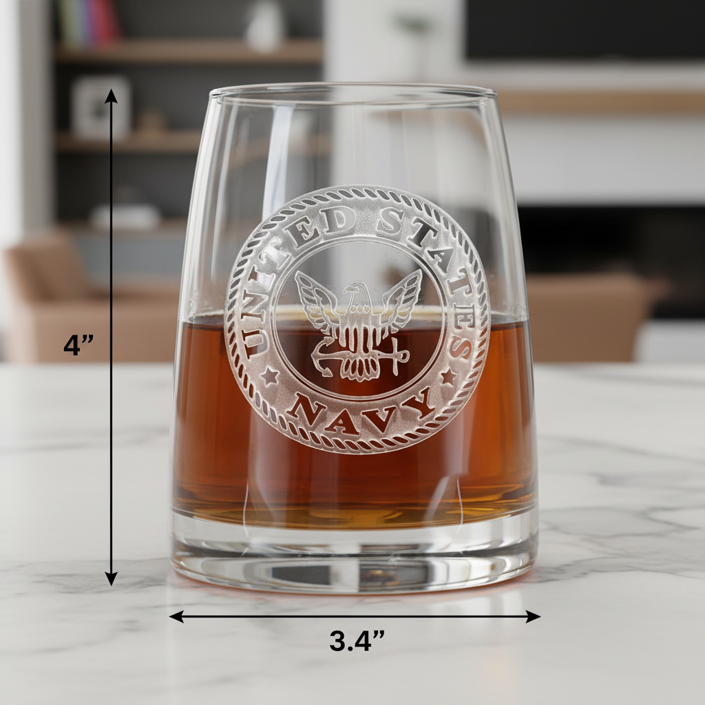US Navy Seal Whiskey Glass dimensions infographic showing 4 inches tall by 3.4 inches wide with 11 oz capacity