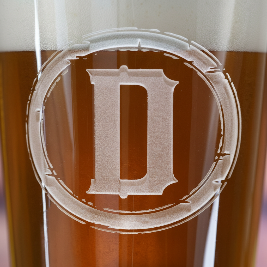 Close-up macro of Perfect Circle Personalized Pint Glass showing the sand-carved 3D depth of the circle monogram engraving