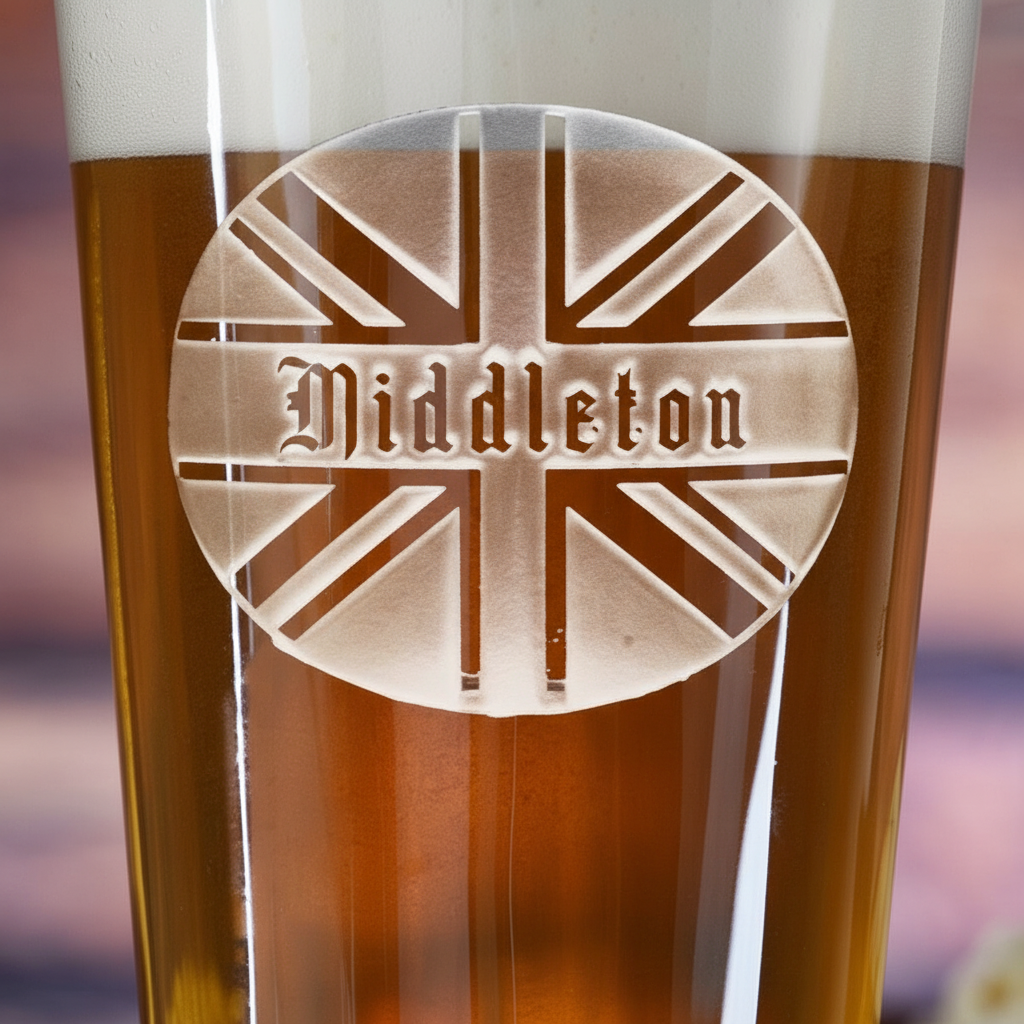 Close-up macro of Union Jack Personalized Pint Glass showing the sand-carved 3D depth of the Union Jack flag with name overlay