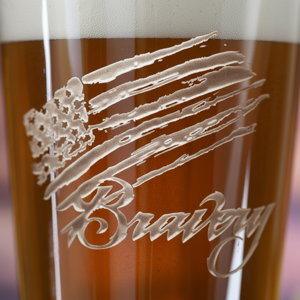Close-up macro of Bravery Flag Pint Glass showing the sand-carved 3D depth of the stock 'Bravery' tattered flag design