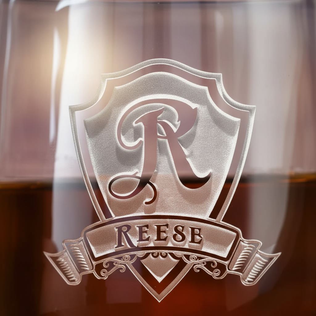 Close-up macro of Heritage Shield Personalized Old Fashioned Glass showing the sand-carved 3D depth of the single initial in heraldic shield with family name banner