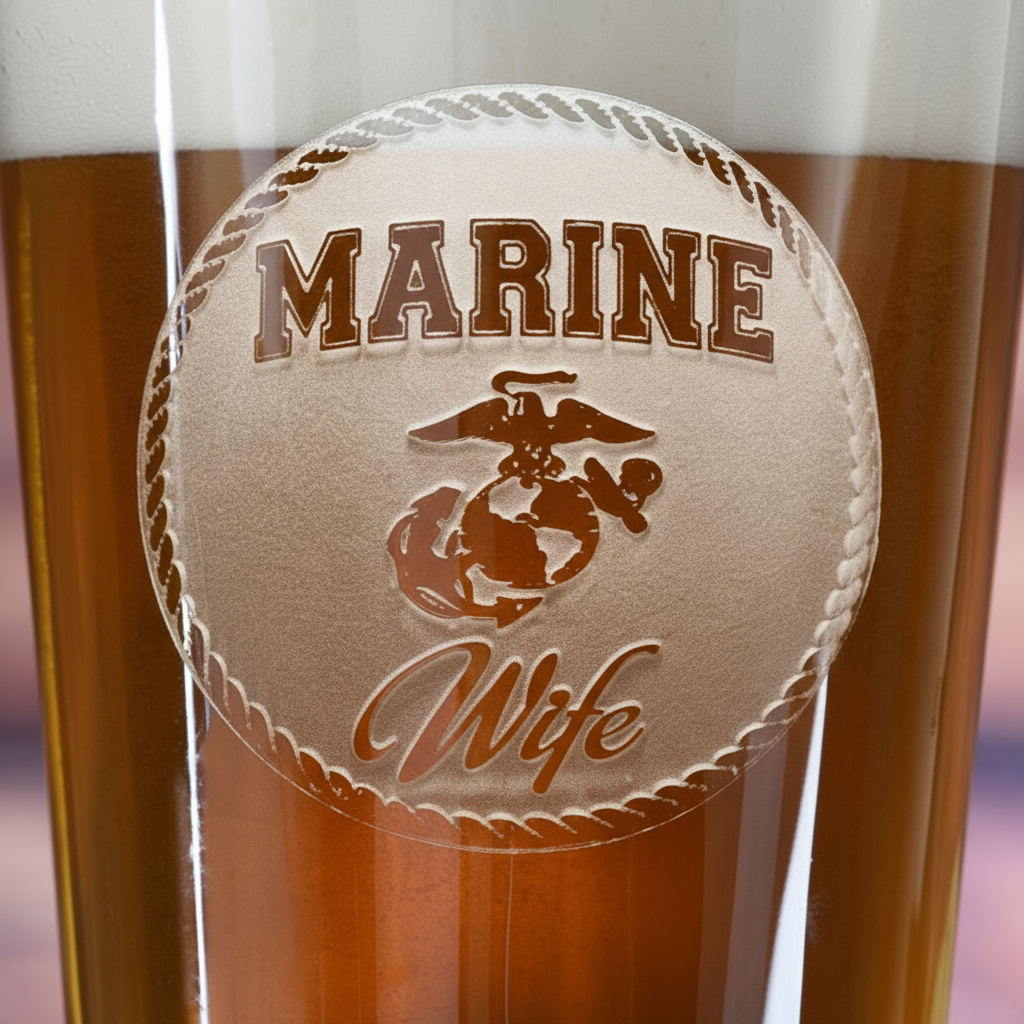 Close-up macro of Devil Dog Wife Personalized Pint Glass showing the sand-carved 3D depth of the stock Marine Corps wife design