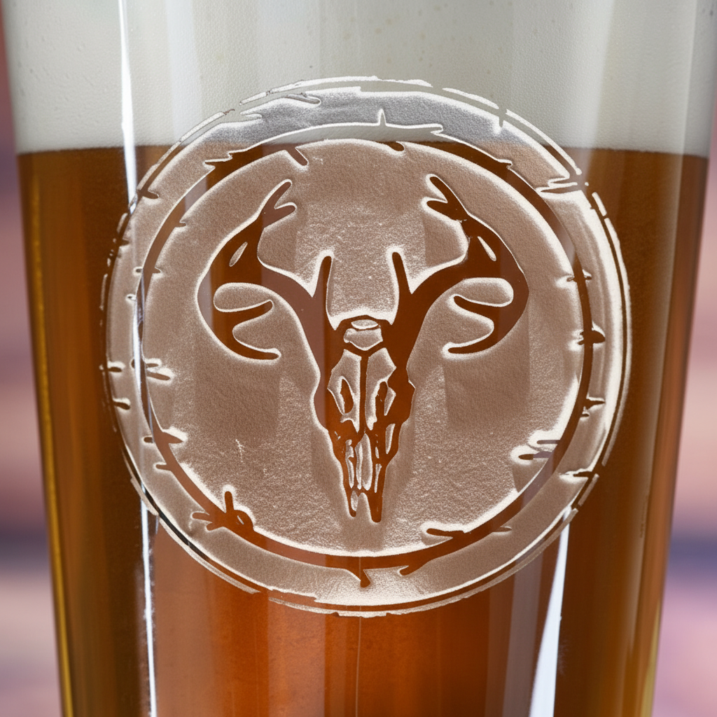 Close-up macro of Trophy Buck Personalized Pint Glass showing the sand-carved 3D depth of the stock deer skull with antlers in barbed-wire border