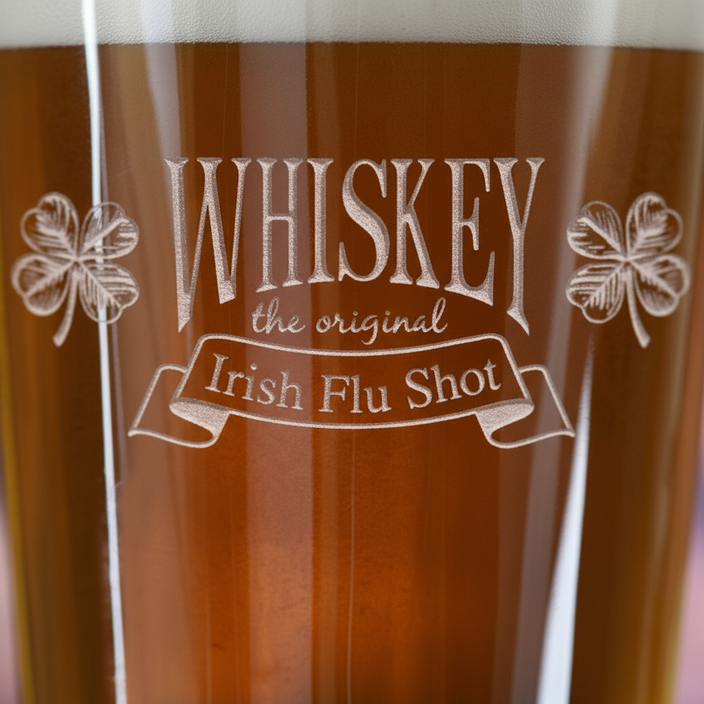 Close-up macro of Irish Flu Shot Pint Glass showing the sand-carved 3D depth of the stock 'Irish Flu Shot' design