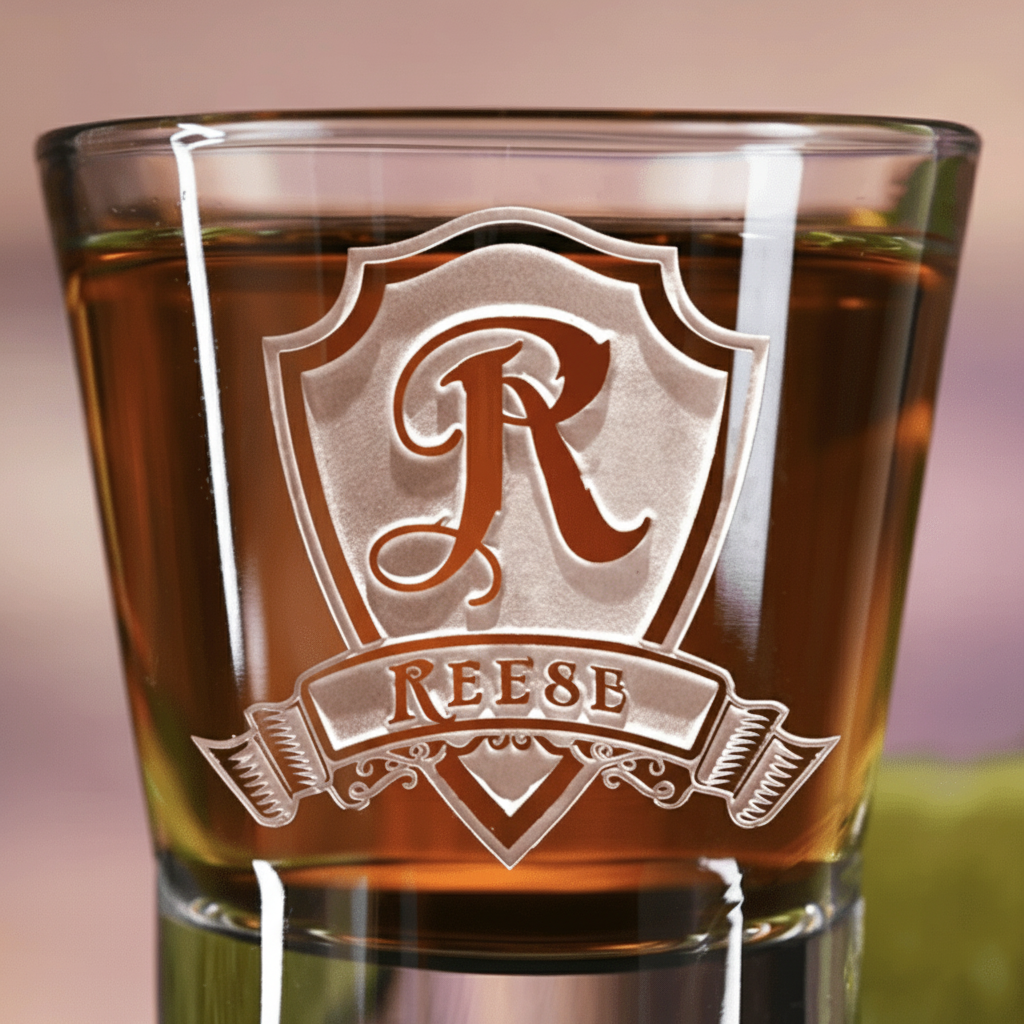 Close-up macro of Shield Crest Personalized Shot Glass showing the sand-carved 3D depth of the single initial in heraldic shield with family name banner