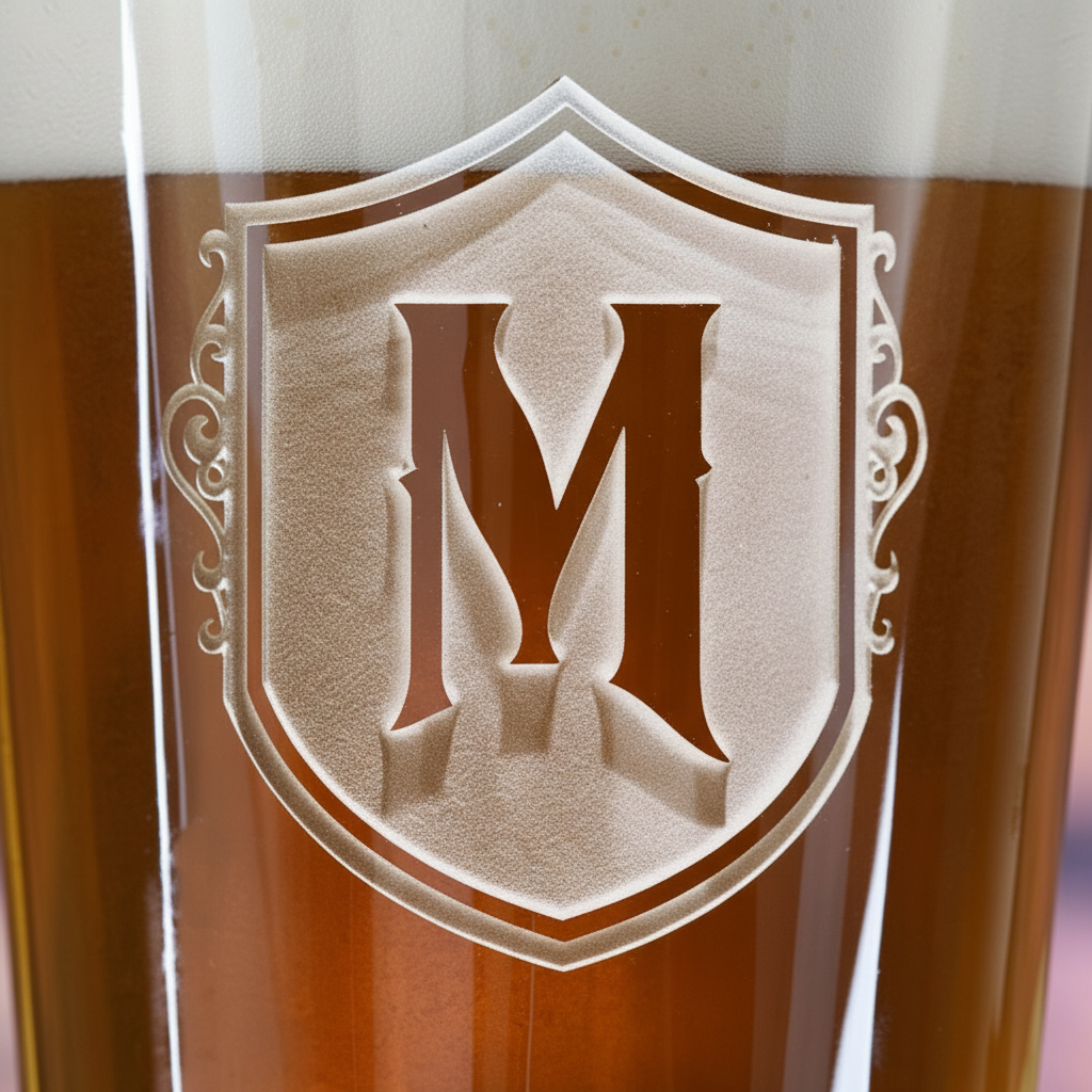 Close-up macro of Shield Standard Personalized Pint Glass showing the sand-carved 3D depth of the single bold initial inside heraldic shield