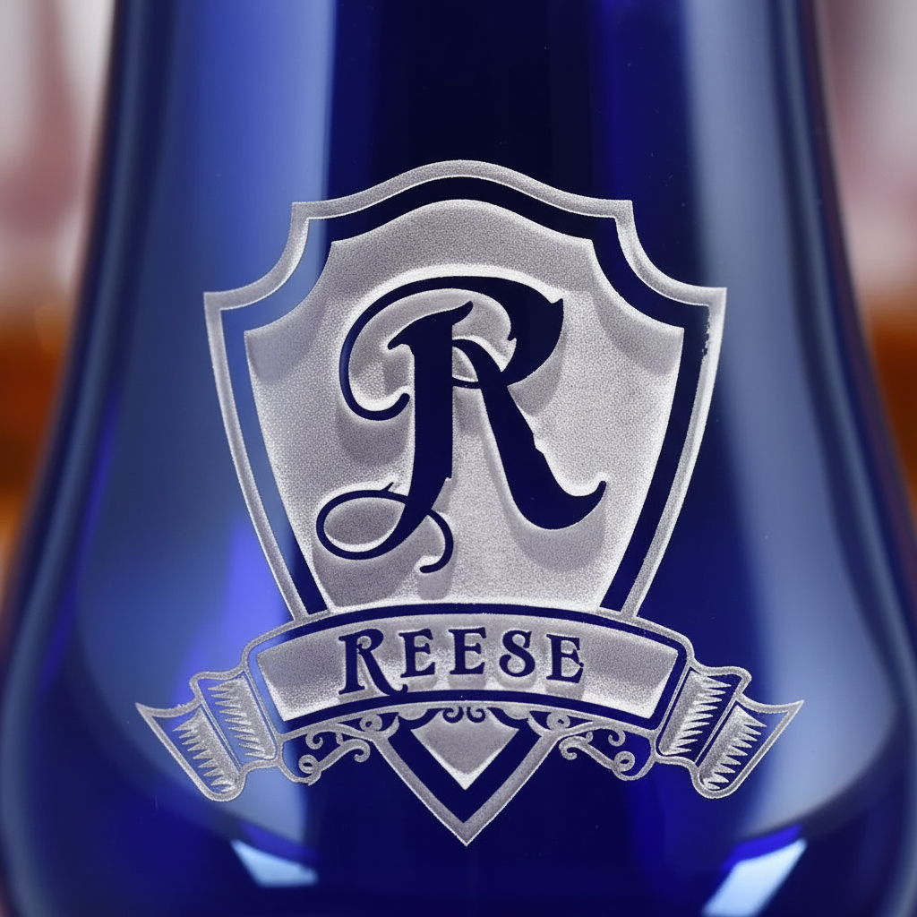 Close-up macro of Sapphire Personalized Glencairn Glass showing the sand-carved 3D depth of the single initial in heraldic shield with family name banner on a blue Glencairn glass