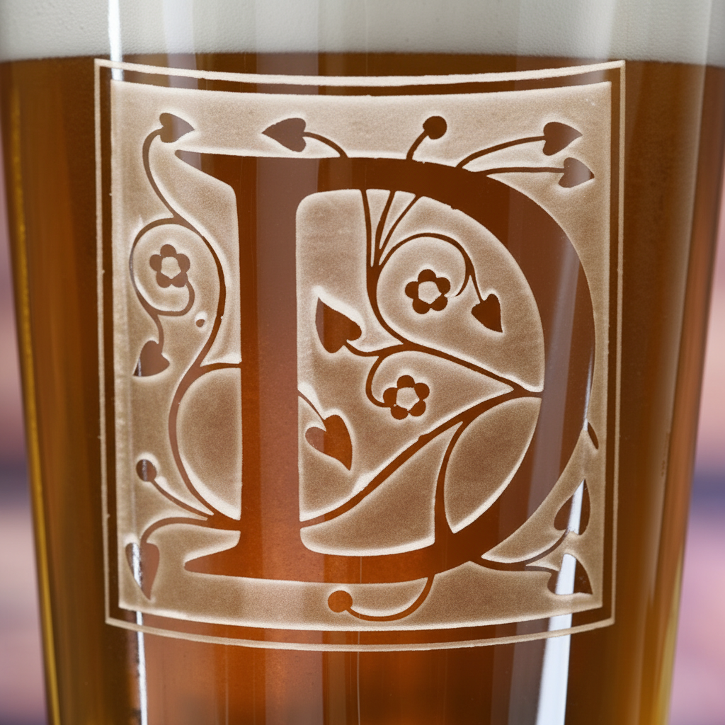 Close-up macro of Insignia Personalized Initial Pint Glass showing the sand-carved 3D depth of the single insignia-style initial
