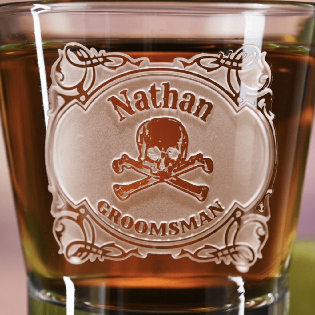 Close-up macro of Crossbones Personalized Skull Shot Glass showing the sand-carved 3D depth of the name with skull and crossed bones and 'GROOMSMAN' label