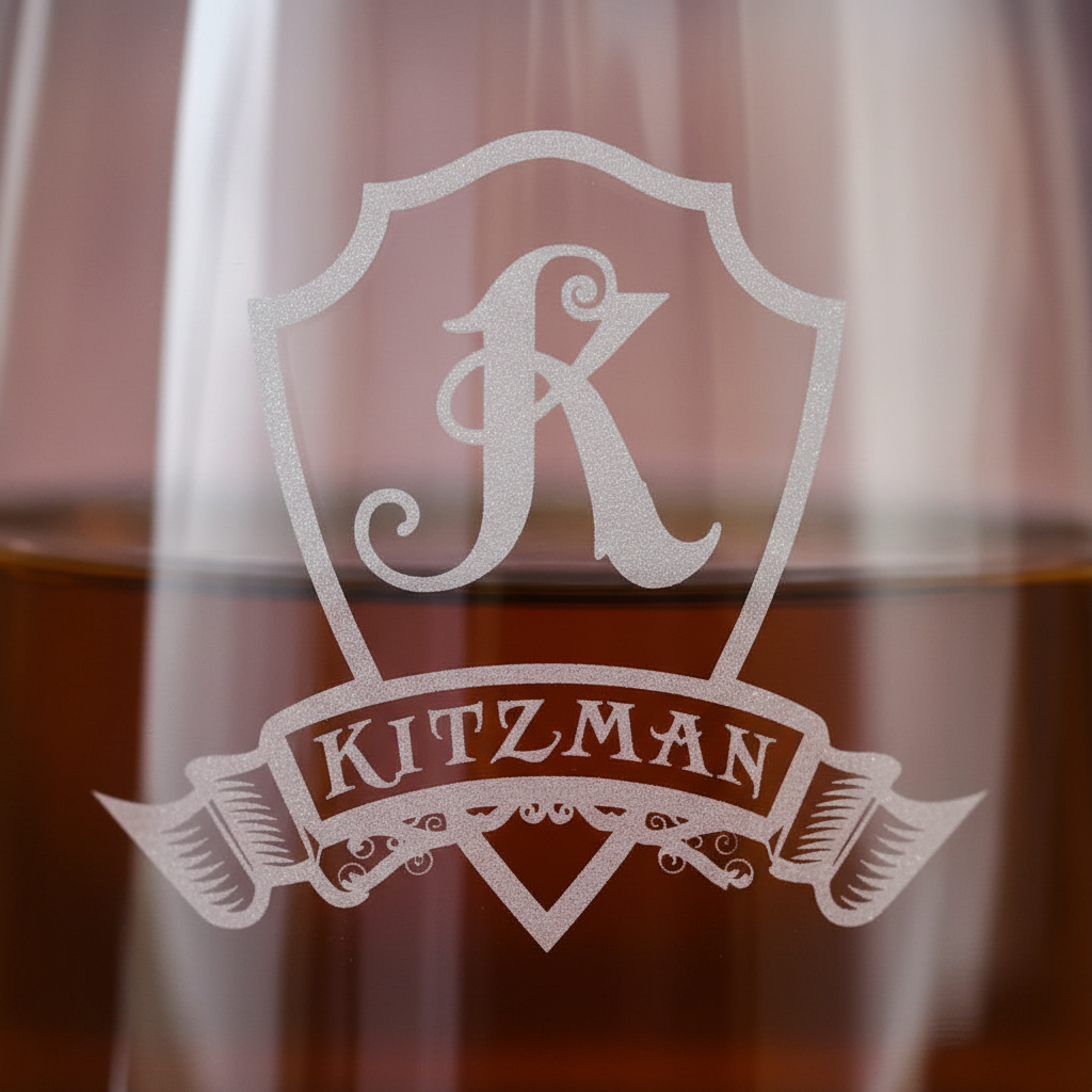 Close-up macro of Crystal Shield Personalized Rocks Glass showing the sand-carved 3D depth of the single initial in heraldic shield with family name banner