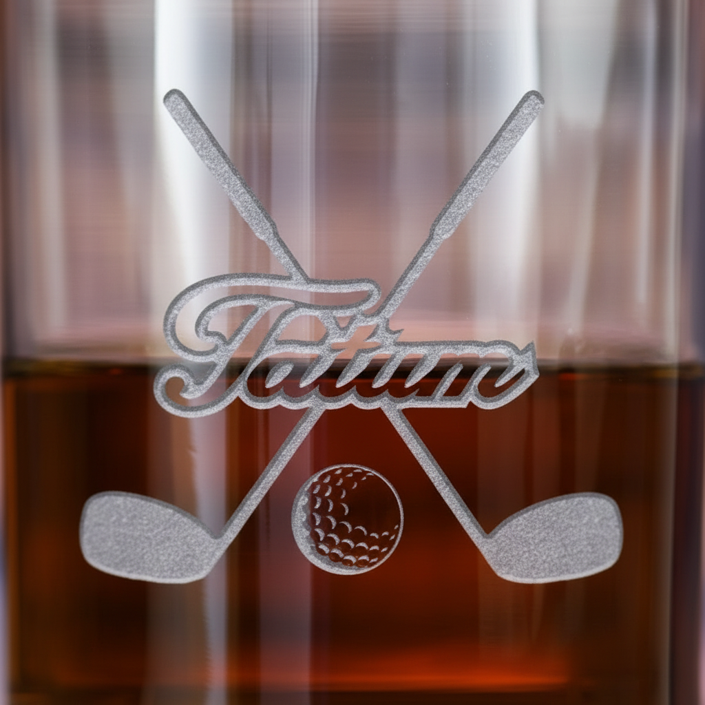 Close-up macro of Fairway Golf Personalized Whiskey Glass showing the sand-carved 3D depth of the name in script with crossed golf clubs and ball